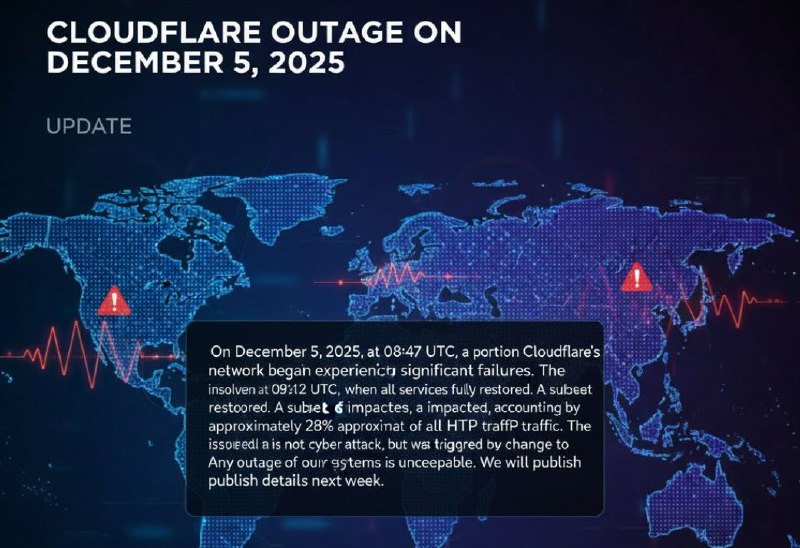 Cloudflare 2025年12月5日宕机事件报告事件概述发生时间：2025年12月5日 08:47 UTC恢复时间：2025年12月5日 09:12 UTC持续时间：约25分钟影响范围：约28%的Cloudflare HTTP流量事件性质：因系统变更引发故障，非网络攻击或恶意活动导致根本原因◆为应对本周披露的React Server Components行业级漏洞，Cloudflare尝试增加WAF缓冲区大小（从128KB增至1MB）◆在部署过程中，团队禁用了内部测试工具以解决错误增加问题◆该禁用操作通过全局配置系统执行，导致FL1代理版本中触发一个存在多年的Lua代码错误影响范围◆受影响客户使用较旧的FL1代理版本、部署了Cloudflare托管规则集◆未受影响客户未同时满足上述两条件、由中国网络提供服务的客户流量技术细节漏洞背景：为防护CVE-2025-55182漏洞，增加缓冲区大小至1MB（Next.js应用默认限制）部署机制：使用全局配置系统进行变更，该系统可在几秒内将变更传播至整个网络代码缺陷：当killswitch应用于具有"execute"操作的规则时，代码未正确处理被跳过的规则架构差异：在使用Rust编写的新型FL2代理中，该错误不会发生与11月18日事件关联◆均因安全机制相关变更通过全局配置快速传播导致◆相关改进措施尚未完全部署：•增强的渐进式部署与版本控制•便捷的紧急访问能力•优化错误处理机制Cloudflare outage on December 5, 2025#网络 #故障 #中断 #全球 #事件Via @Cloudflare_CN