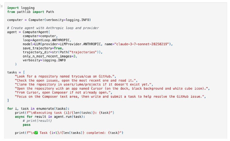 #App #Github CUA: 供 AI 代理使用的 macOS 虚拟机✨ Features- 在 Apple Silicon 上上创建并运行接近原生性能的 macOS 和 Linux 虚拟机，支持虚拟机显示桌面- 提供 Python 库，并支持 AI 智能体集成，可在沙盒环境中执行智能化工作流- 基于 Apple 的 Virtualization.Framework 构建，确保最佳性能 架构CUA 包含三个核心产品- Lume: CLI 工具，基于 Apple 的 Virtualization.Framework 构建的虚拟机引擎