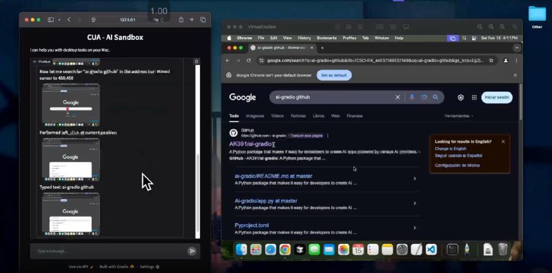 #App #Github CUA: 供 AI 代理使用的 macOS 虚拟机✨ Features- 在 Apple Silicon 上上创建并运行接近原生性能的 macOS 和 Linux 虚拟机，支持虚拟机显示桌面- 提供 Python 库，并支持 AI 智能体集成，可在沙盒环境中执行智能化工作流- 基于 Apple 的 Virtualization.Framework 构建，确保最佳性能 架构CUA 包含三个核心产品- Lume: CLI 工具，基于 Apple 的 Virtualization.Framework 构建的虚拟机引擎