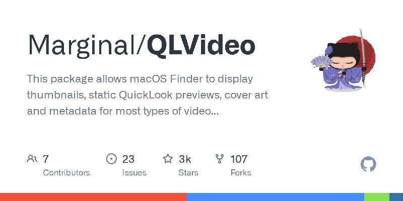 GitHub - Marginal/QLVideo: This package allows macOS Finder to display thumbnails, static QuickLook previews, cover art and metadata…