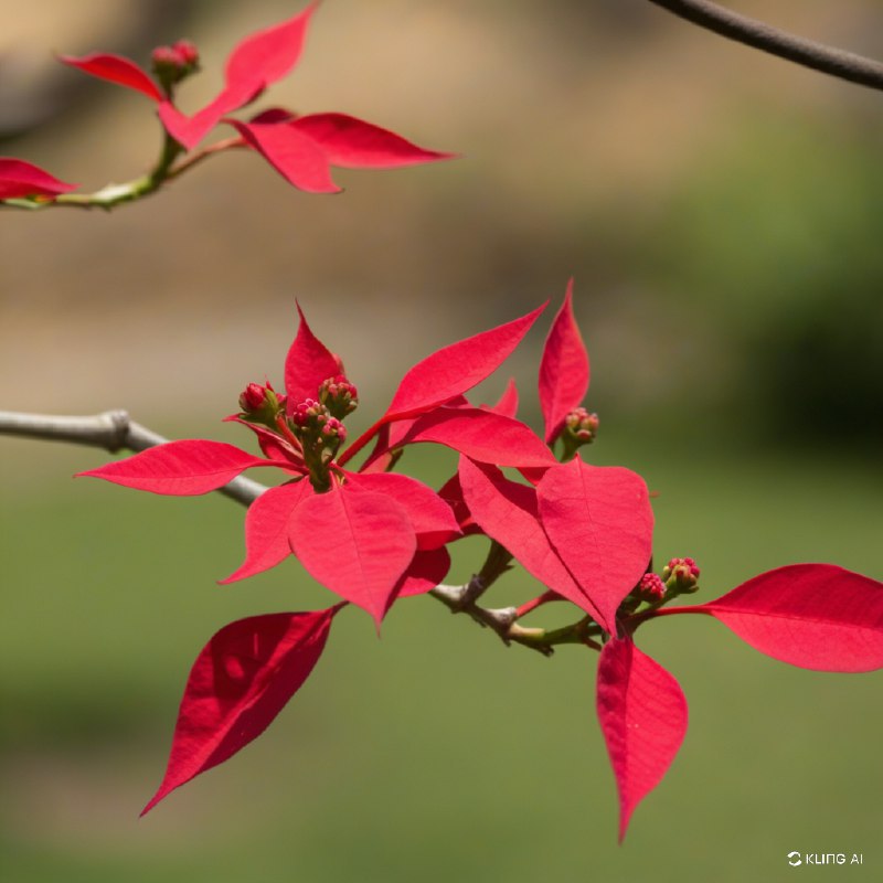 #Bing_Wallpaper"特写镜头下，一枝盛开的圣诞花被鲜红的苞片和小花蕾点缀
