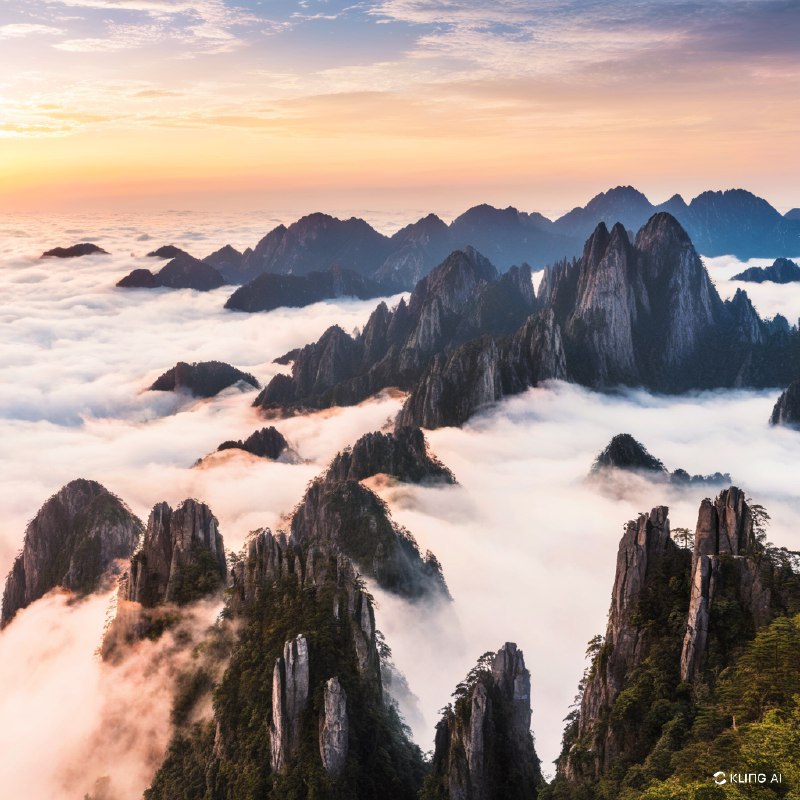 中国黄山的壮丽景色，日出时分，崎岖的山峰上云海翻滚，金色的天空在薄雾中投射出温暖的光芒