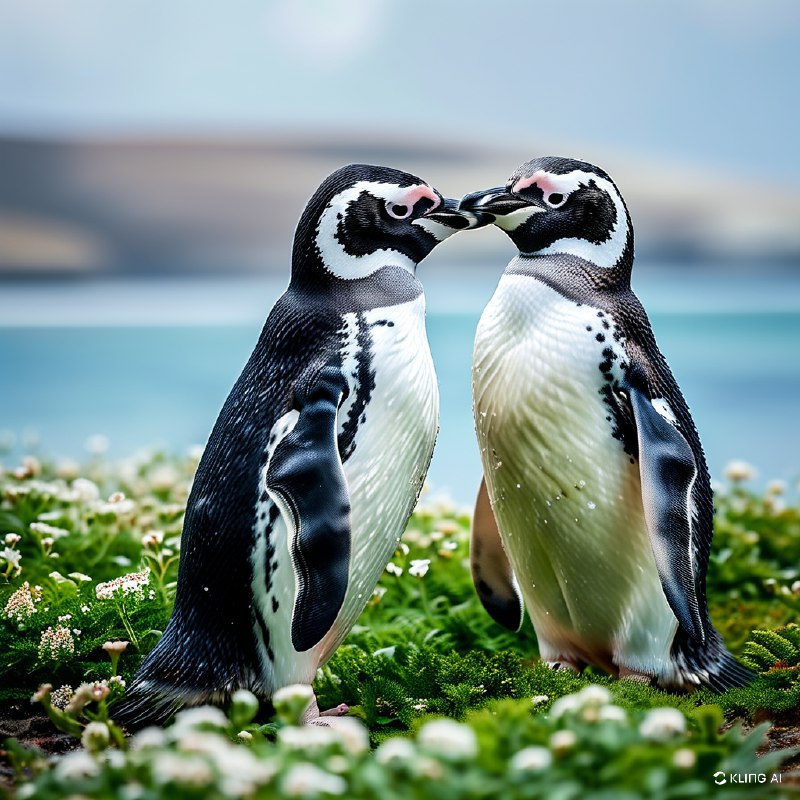#Bing_Wallpaper两只麦哲伦企鹅并排站立，轻轻地用翅膀相扣，仿佛在温柔地拥抱着彼此