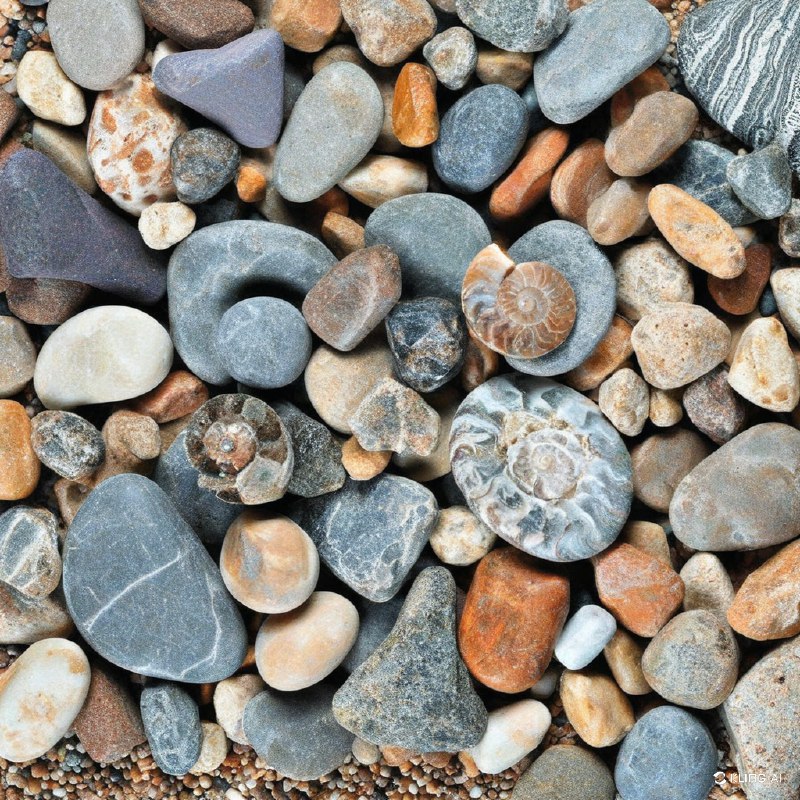 散落在岩石和石头中的各种化石（包括氨虫和贝类）的详细图像