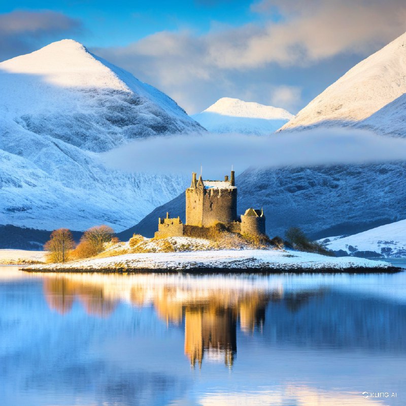 #Bing_Wallpaper“一座孤独的中世纪石堡静静矗立在洛奇湖宁静水域中央的一座小草地岛屿上，周围环绕着苏格兰高地飘渺的自然美景