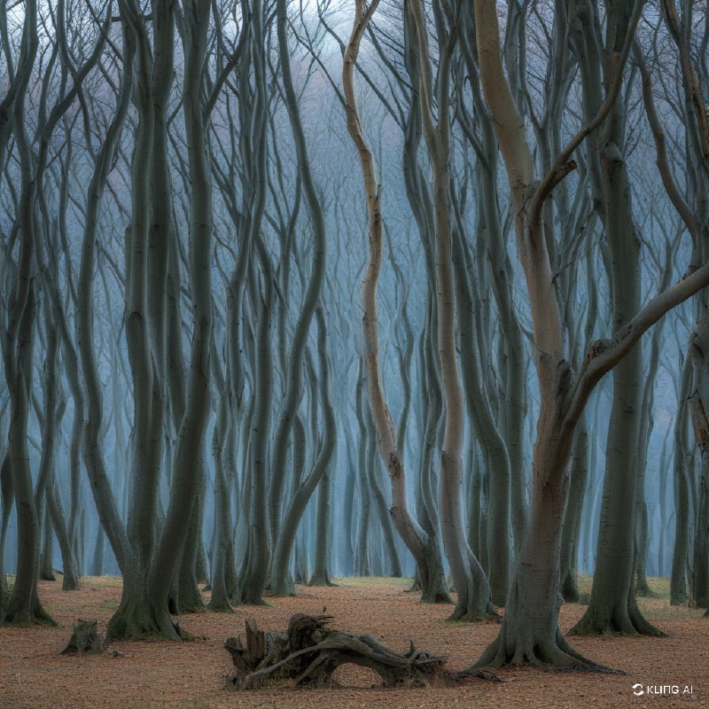 神秘的沿海森林，树木茂密、扭曲，灯光昏暗，气氛阴森恐怖，背景虚无缥缈，秋日的背景，光秃秃的树枝，宁静而神秘
