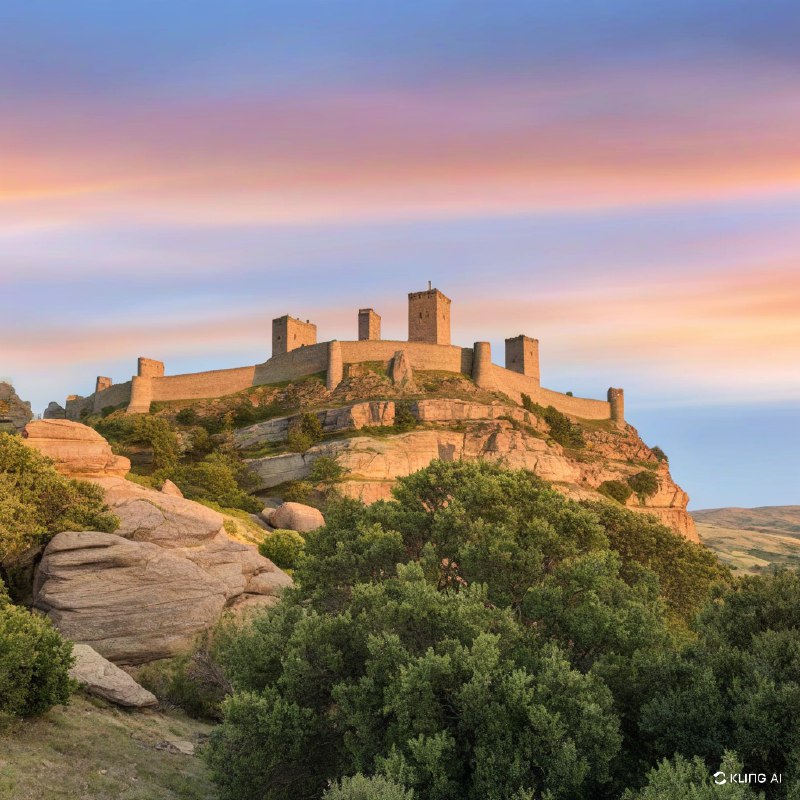 #Bing_WallpaperA majestic ancient castle perched atop a rocky cliff, surrounded by a vast, rugged landscape with sparse greenery. The sky is painted with a stunning, colorful sunset, casting a warm, golden light over the scene. The castle's towers and stone walls are bathed in this dramatic lighting, enhancing its historical and mystical aura. The overall atmosphere is one of awe and timeless beauty.一座雄伟的古老城堡坐落在陡峭的岩石悬崖上，周围是广阔而崎岖的地形，零星点缀着稀疏的绿色植被