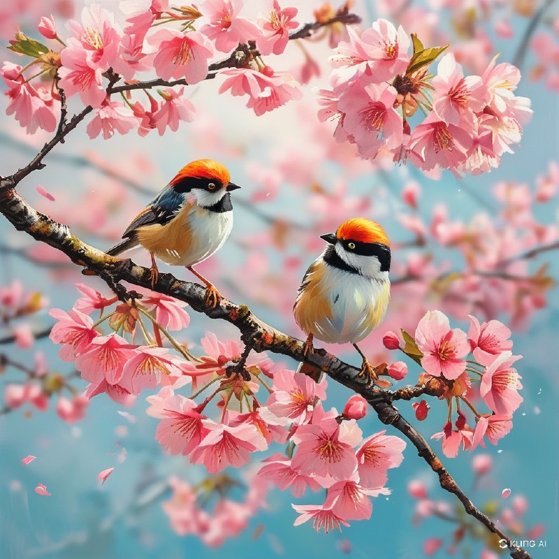 #Bing_Wallpaper两只活力十足的红头长尾山雀停在盛开的樱花树枝上，沐浴在清朗春日明媚的阳光中