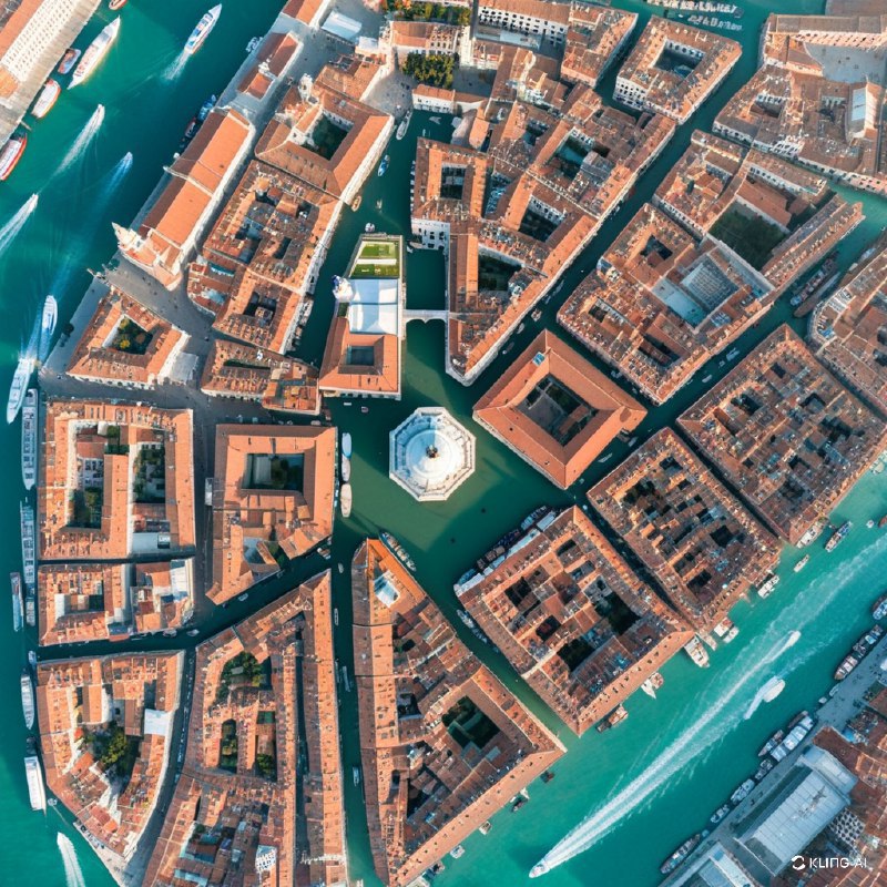 从空中俯瞰威尼斯三角形地段，大运河、生机勃勃的陶土屋顶、突出的白顶教堂、水上贡多拉以及熙熙攘攘、五彩缤纷的城市景观尽收眼底