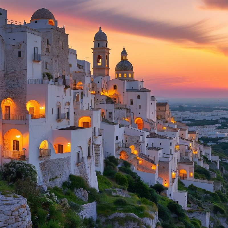 #Bing_Wallpaper“梦幻般的日落映照在意大利普利亚大区的奥斯图尼，这座被称为‘白色之城’的迷人山城，古老的白色建筑在暮色降临时沐浴在温暖的琥珀色和金色光辉中