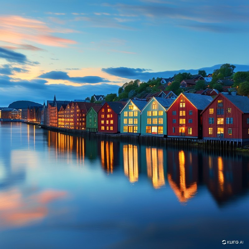 #Bing_Wallpaper“挪威特隆赫姆宁静的暮色，捕捉到‘蓝色时刻’笼罩下的静谧河畔景象