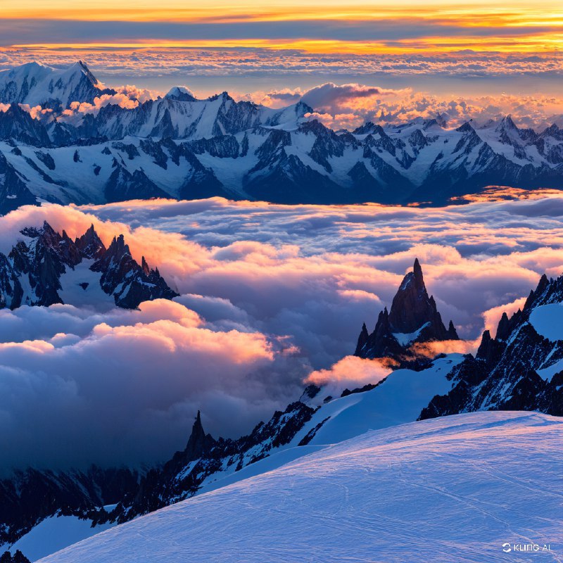 从霞慕尼眺望勃朗峰，日落时分云雾缭绕，雄伟的山峰和宁静的白雪覆盖的地貌尽收眼底，温暖的色调照亮了地平线