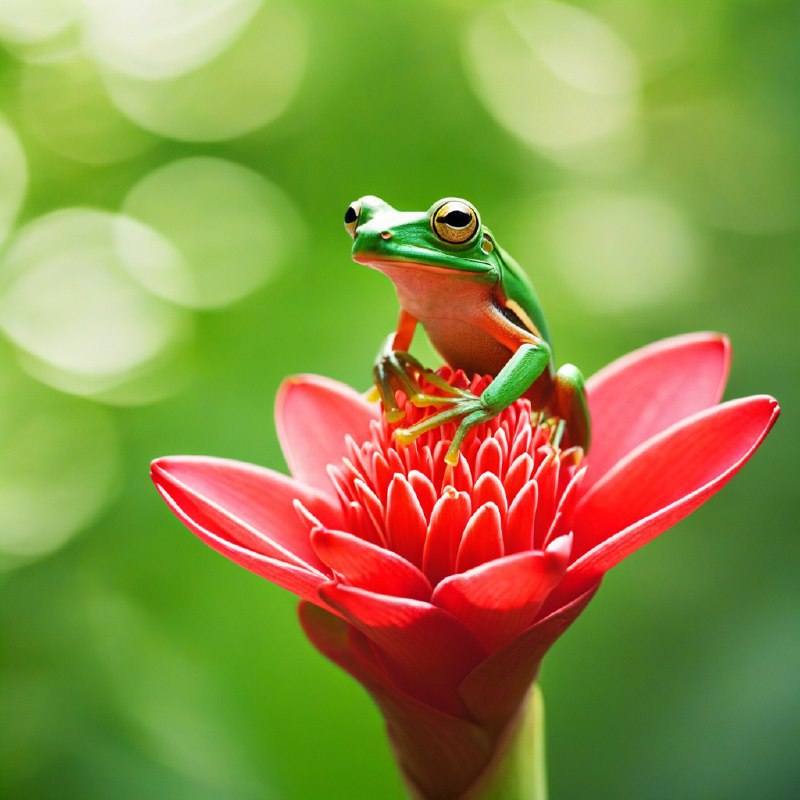 #Bing_Wallpaper一只充满活力的哥斯达黎加树蛙栖息在一朵鲜艳的红色螺旋姜花上，它那鲜亮的绿色身体和炯炯有神的金色眼睛散发着生机勃勃的光彩