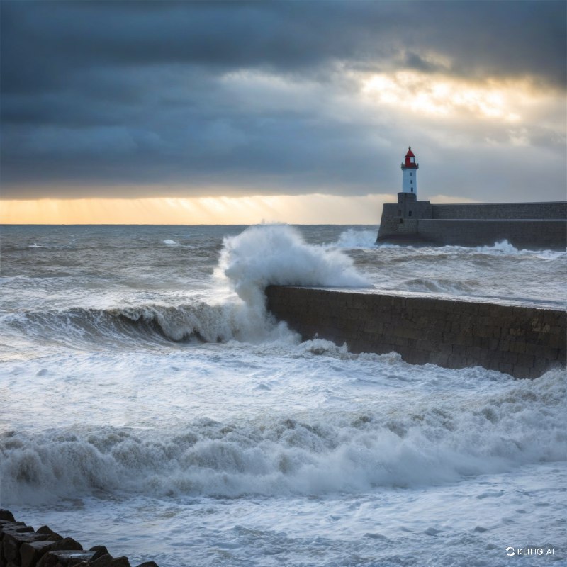 惊涛骇浪拍打着古老的石头码头，白色灯塔在远处高高矗立，天空阴云密布，隐约可见夕阳西下的景象，电影般的灯光，高对比度，动态构图