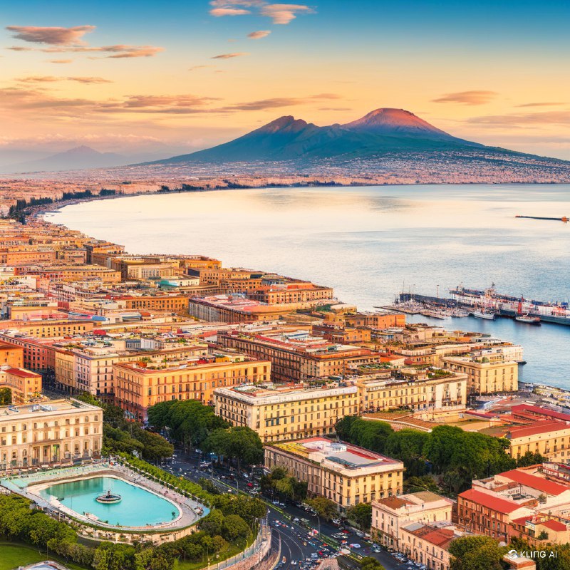 #Bing_Wallpaper“意大利那不勒斯湾的全景生动地展现在眼前，沐浴在夕阳天空温暖的金色光辉中