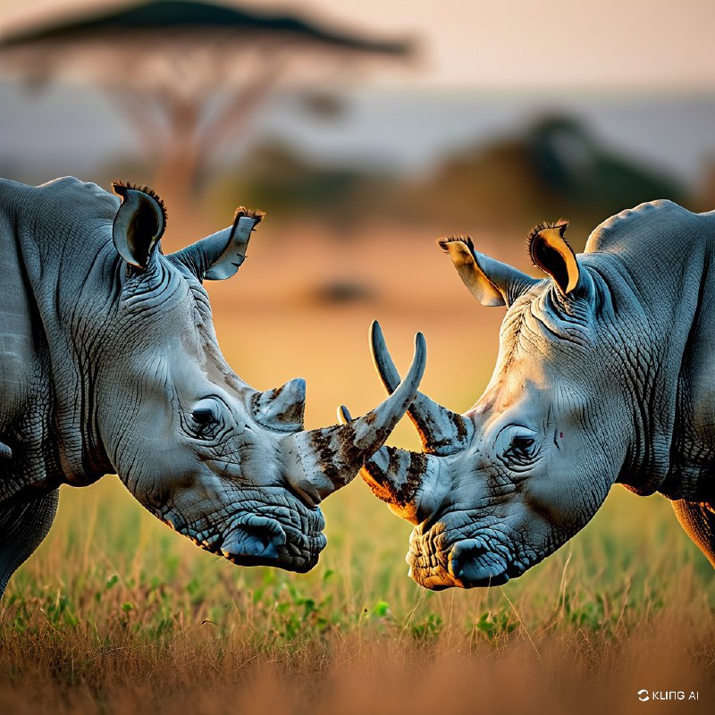 #Bing_Wallpaper“两只濒危的雄性白犀牛，面对面于一个亲密的时刻，置身于肯尼亚纳库鲁湖平静的背景下