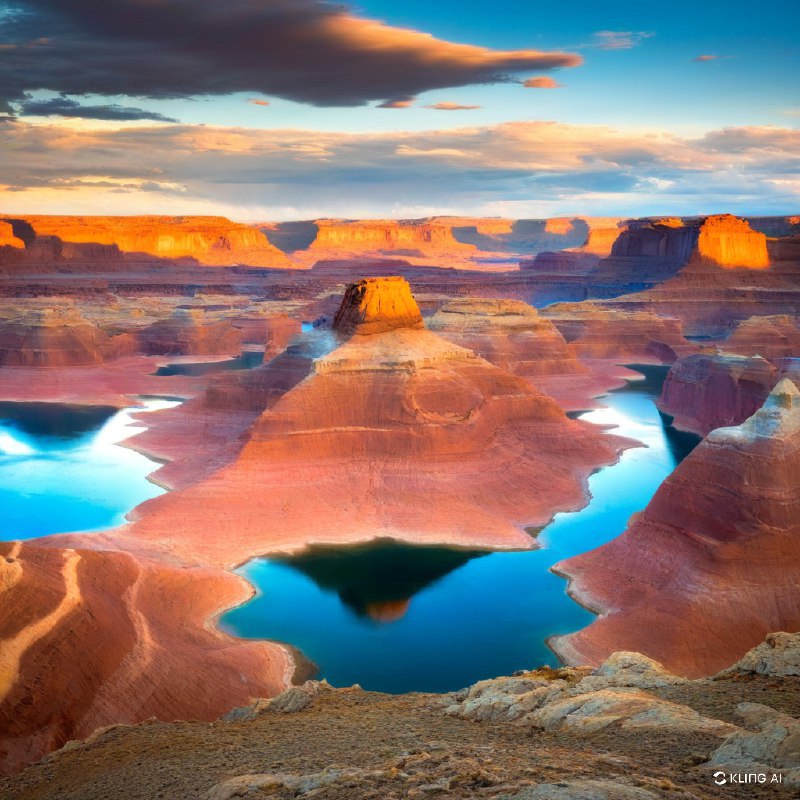 #Bing_Wallpaper"美国犹他州鲍威尔湖畔的阿尔斯特罗姆角，那辽阔而令人震撼的景致：金橙色的砂岩悬崖在夕阳的温暖光辉下熠熠生辉，长长的影子洒落在崎岖的地形上；湖水深沉宁静的湛蓝色与岩石炽烈的色调形成鲜明对比；远方的台地和平顶孤峰延绵至地平线，在天际下层次丰富的云层中展开，云朵呈现蓝、灰以及柔和桃色的交叠变化；悬崖上风化纹理与沉积层次的尖锐细节清晰可见；整个画面弥漫着一种静谧却雄伟的气息，唤起沉思与敬畏，描绘了一个具备高清晰度和现实感的电影级自然意境