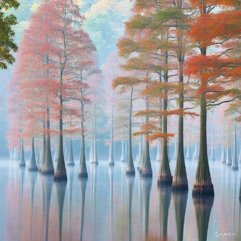 这是一幅宁静的秋景图，高大的柏树优雅地矗立在薄雾弥漫的湖面上，周围是红橙黄三色相间、生机勃勃的秋叶