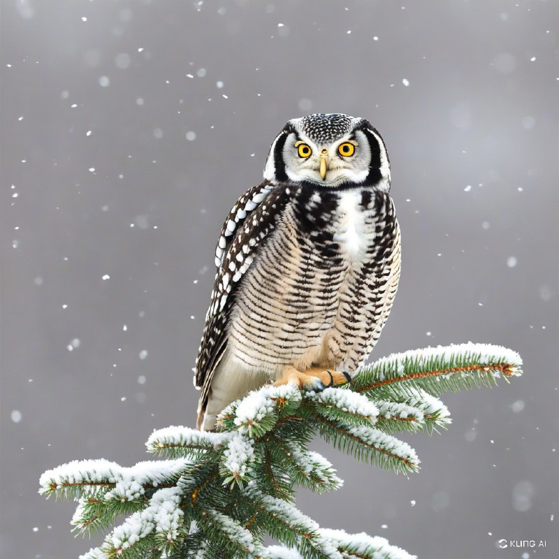 #Bing_Wallpaper"苍凉的北方雀鹰栖息在覆盖着薄雪的常绿树枝上，背景是一片柔和模糊的灰色冬季天空