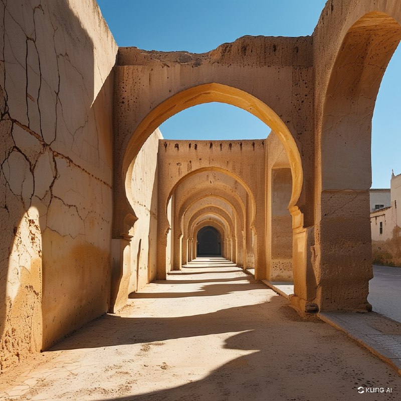 #Bing_Wallpaper"摩洛哥梅克内斯的赫里·埃斯瓦尼古拱门，是一条宏伟且饱经风霜的建筑长廊，沐浴在温暖的金色光辉中