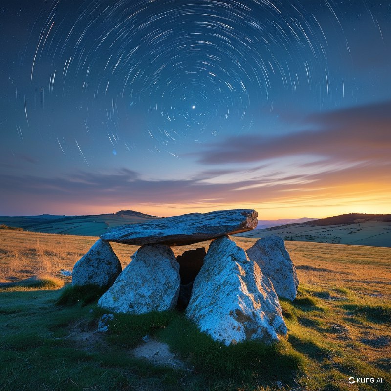 #Bing_Wallpaper“这是一幅神秘的夜景，画面中位于西班牙巴斯克自治区阿拉瓦的庄严索尔吉内切巨石墓（Sorginetxe Dolmen）占据了前景