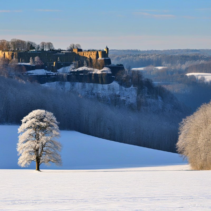 #Bing_Wallpaper位于德国萨克森小瑞士地区的国王石堡垒巍然矗立在陡峭的砂岩高原之上，周围环绕着银装素裹的冬日景色