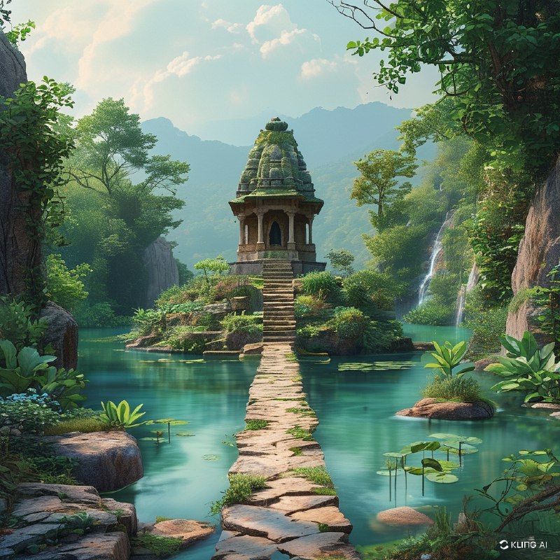 #Bing_Wallpaper“从空中俯瞰宁静的印度卡纳塔克邦霍恩马拉杜附近的 Champaka Sarasi 池塘，一片郁郁葱葱的绿意环绕着池塘，古老的石阶层层跌落至水中