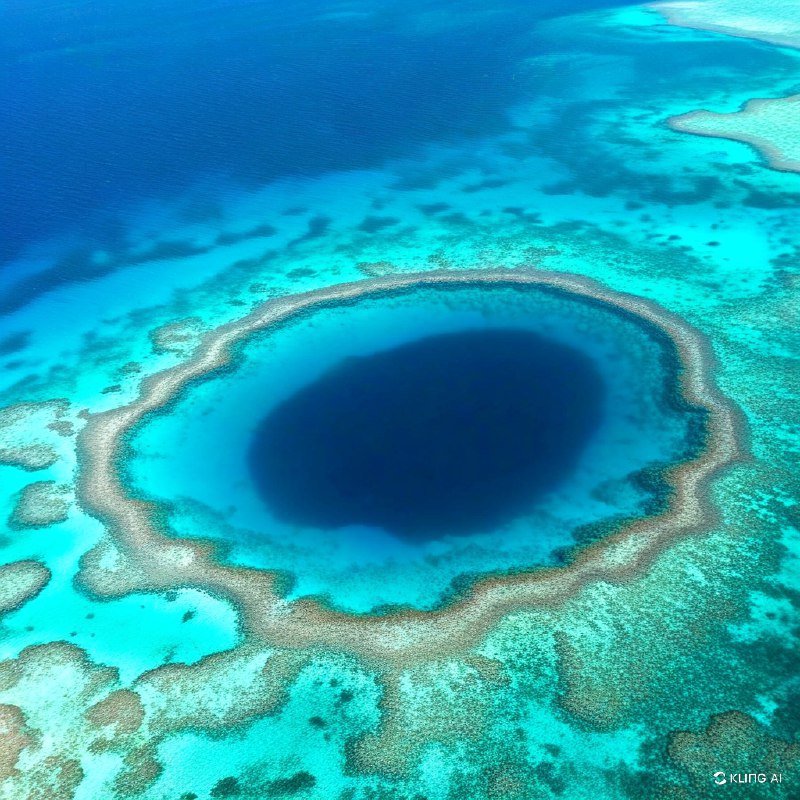 #Bing_Wallpaper“一幅令人叹为观止的俯瞰图展现了伯利兹的大蓝洞——一个巨大的水下天坑，被生机勃勃的珊瑚礁环绕