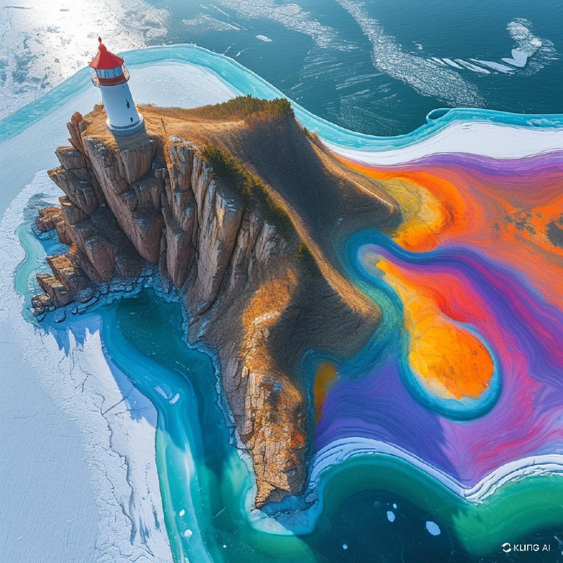 #Bing_Wallpaper俯瞰一幅奇幻场景，展示了悬崖峭壁上色彩斑斓的抽象风景，俯瞰着一片冰封的海面