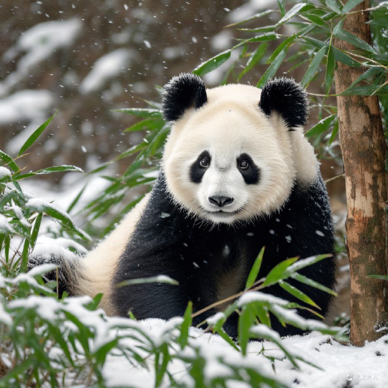 #Bing_Wallpaper可爱的熊猫宝宝置身于宁静的雪景中，周围环绕着积有薄雪的翠绿色竹叶