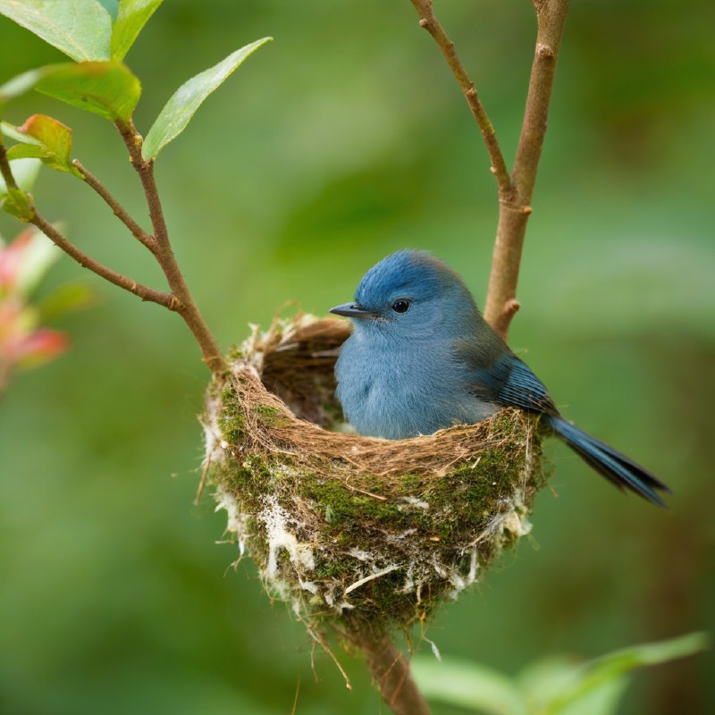 #Bing_Wallpaper“一个静谧温暖的场景，描绘了一只娇小的雌性黑枕王鹟正在两根纤细的树枝交叉处，专注地筑着她舒适的小巢
