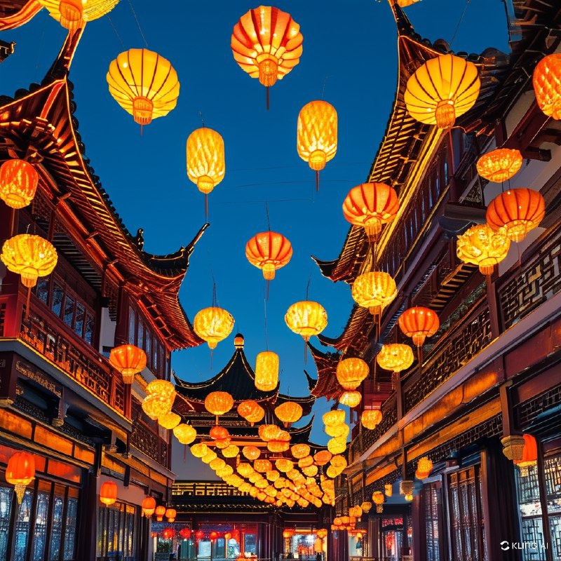 #Bing_Wallpaper上海豫园元宵灯会期间充满活力且喜庆的场景，背景是一片清朗的夜空