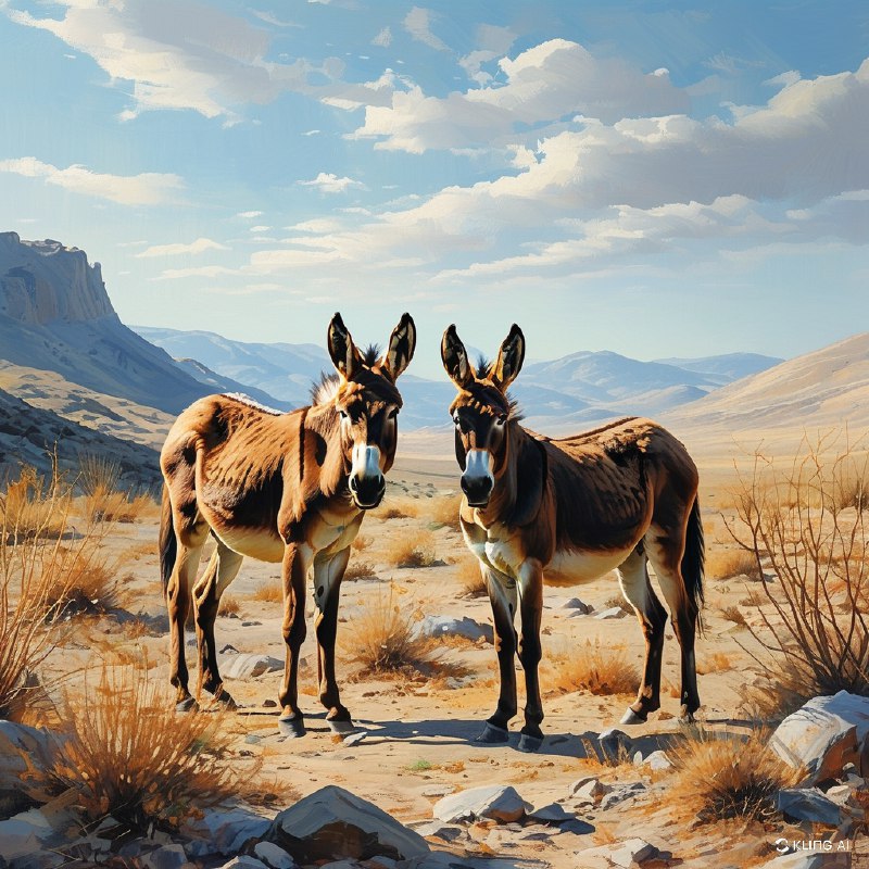 #Bing_Wallpaper在美国内华达州赖奥莱特附近一个阳光明媚的沙漠山谷中，两头野驴并肩而立