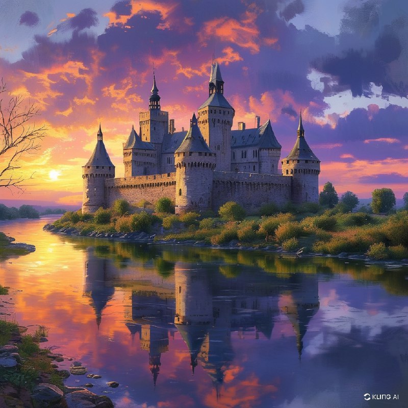 #Bing_Wallpaper一座雄伟的中世纪城堡庄严地矗立在卢瓦尔河静谧的河岸边，暮色中，它被宁静的水面环绕，水面倒映着城堡巍峨的石墙和高耸的圆锥形塔尖