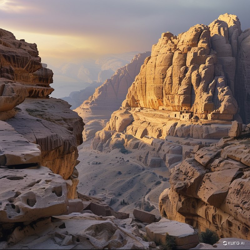 #Bing_Wallpaper“约旦佩特拉的修道院（Ad Deir）的壮丽遗址沐浴在落日的金色余辉中