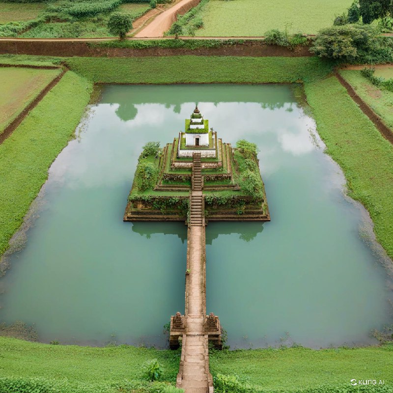 #Bing_Wallpaper“从空中俯瞰宁静的印度卡纳塔克邦霍恩马拉杜附近的 Champaka Sarasi 池塘，一片郁郁葱葱的绿意环绕着池塘，古老的石阶层层跌落至水中