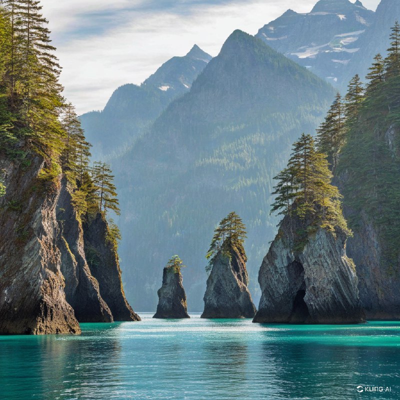 #Bing_Wallpaper“陡峭而峻峭的山峰从纯净的碧蓝水域中陡然升起，其参差不齐的边缘被附着在岩石峭壁上的郁郁葱葱的绿色植被柔化