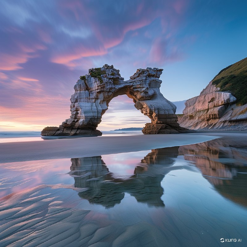 #Bing_Wallpaper新西兰瓦拉里基海滩壮丽的海岸景观，展示了从宁静的大海中冒出的高耸而饱经风霜的岩石地貌，其中一块岩石被时间雕刻出了一个天然的拱门