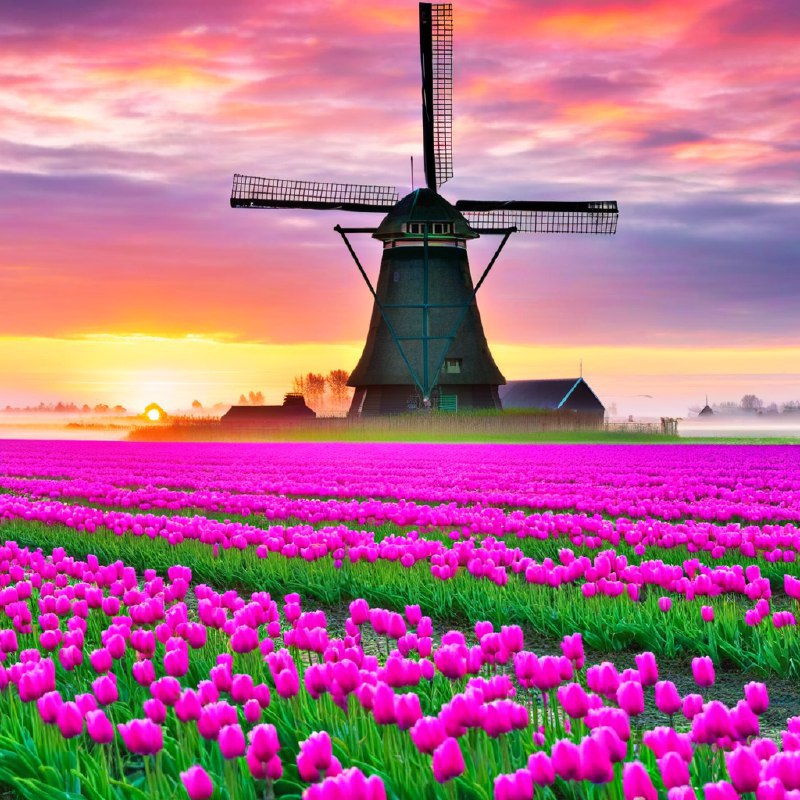 #Bing_Wallpaper“辽阔的田野上盛开着粉色和洋红色的郁金香，一望无际地延伸至地平线，在日出的晨曦下，天边呈现出绚烂多彩的光影——明亮的金黄与紫色交织在柔和的晨雾中