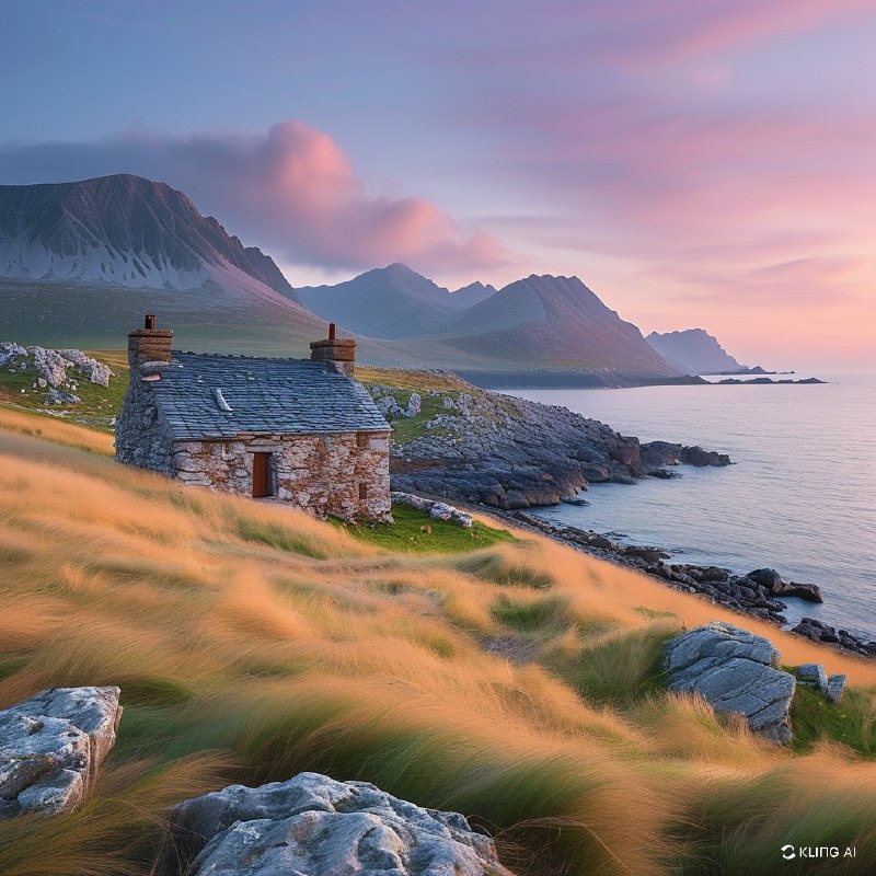 #Bing_Wallpaper"威尔士沿海的日出景象，一座古朴的石屋静静地坐落在金色随风摇曳的草丛中，屋顶覆有板岩，与兰德温岛（Llanddwyn Island）宁静的美景融为一体