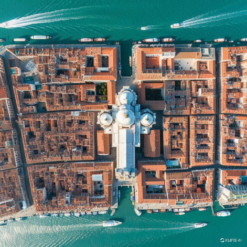 从空中俯瞰威尼斯三角形地段，大运河、生机勃勃的陶土屋顶、突出的白顶教堂、水上贡多拉以及熙熙攘攘、五彩缤纷的城市景观尽收眼底