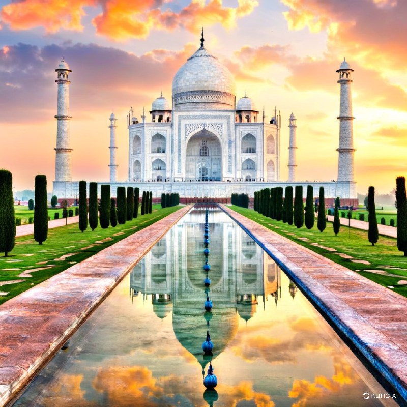 印度泰姬陵日出时的壮丽景色，周围是郁郁葱葱的花园和倒影池，天空生机勃勃