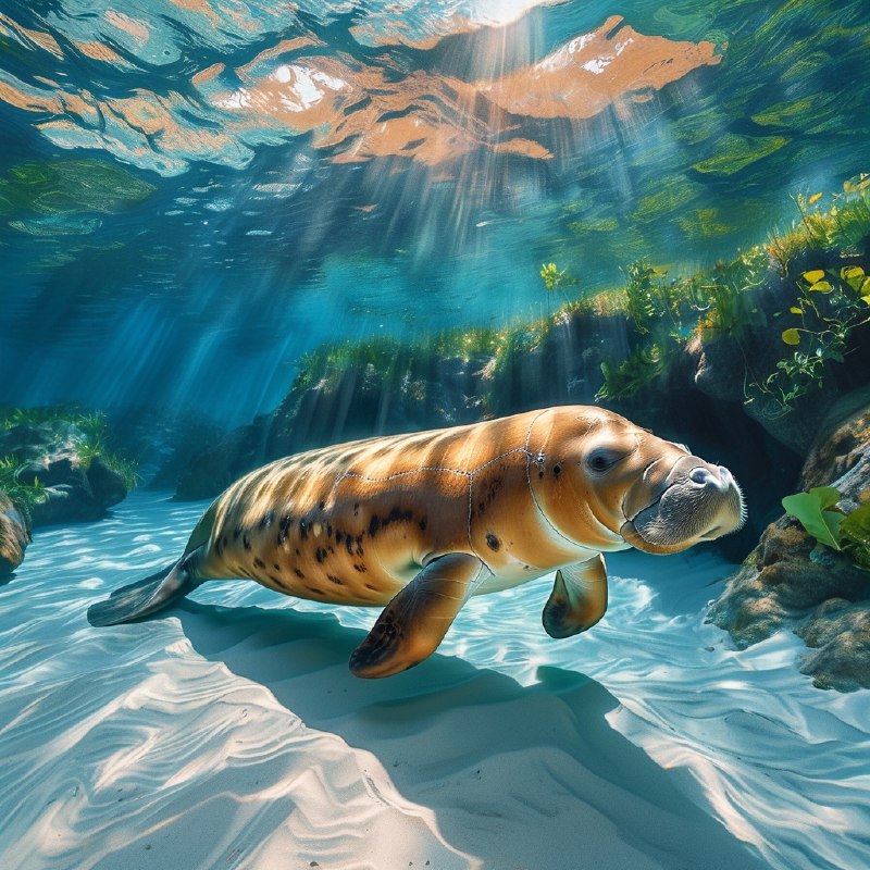 #Bing_Wallpaper在佛罗里达水晶河中的一个迷人的水下景象，一只温顺的海牛优雅地滑行在水面之下