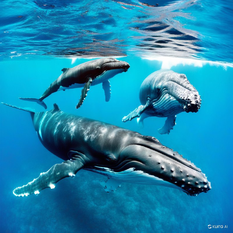 #Bing_Wallpaper在一幅超凡脱俗的水下场景中，一头庄严的座头鲸母亲与她活泼的小鲸鱼优雅地穿行于汤加附近清澈透亮的碧绿海水中