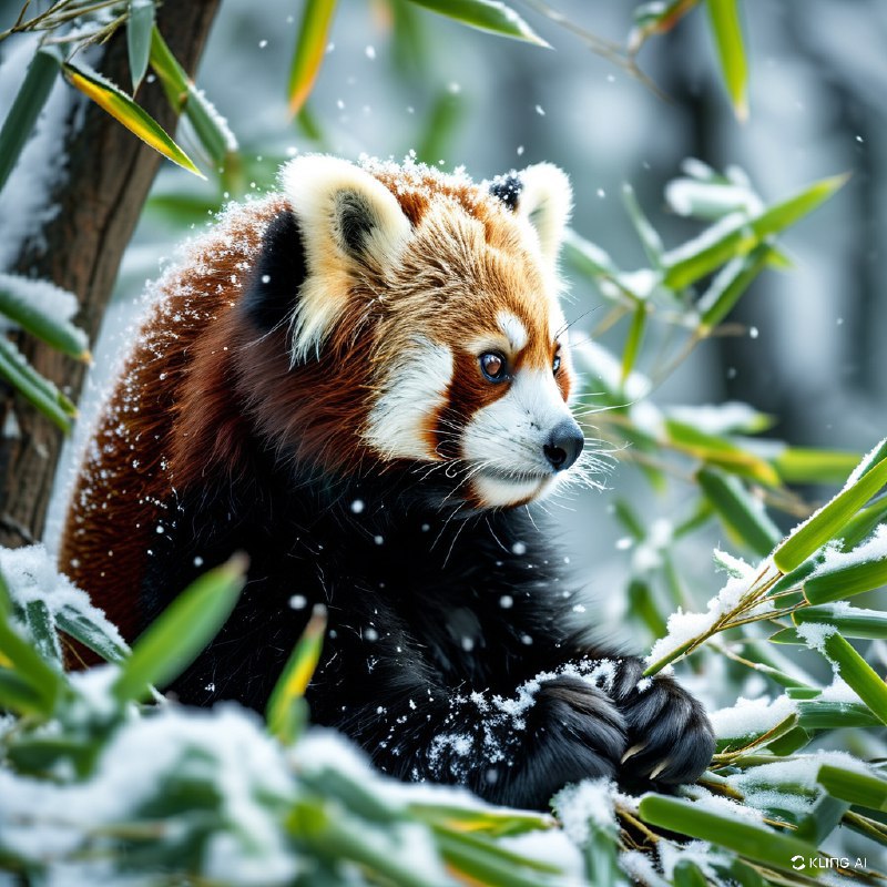 #Bing_Wallpaper可爱的熊猫宝宝置身于宁静的雪景中，周围环绕着积有薄雪的翠绿色竹叶