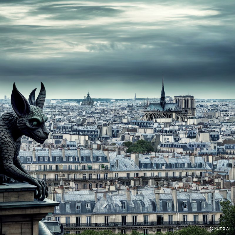 万圣节夜晚，一只阴冷不祥的石像鬼俯瞰着巴黎的屋顶，背景是巴黎圣母院大教堂