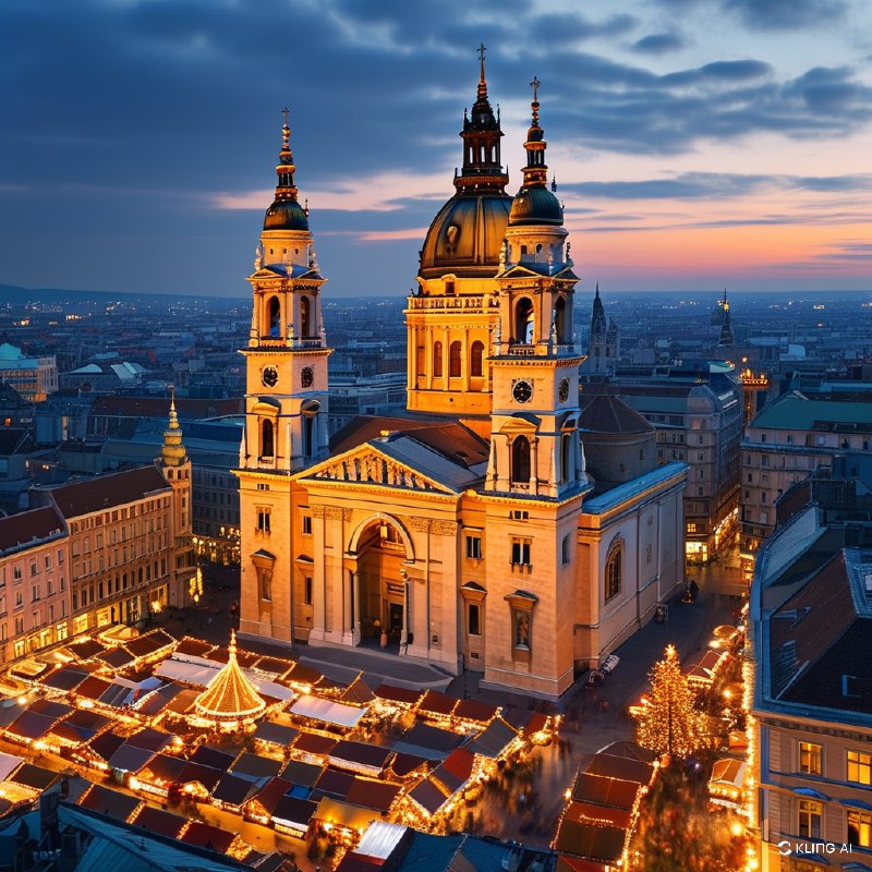 #Bing_Wallpaper圣斯蒂芬大教堂在降临节期间的全景，装饰着来自匈牙利布达佩斯繁忙圣诞市场的温暖发光灯饰