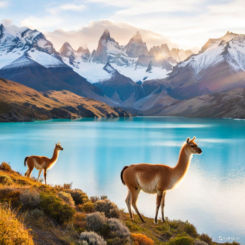 #Bing_Wallpaper"在智利托雷斯德尔潘恩国家公园日出时的壮丽全景，画面中有两只优雅的原驼栖息在草坪峭壁上