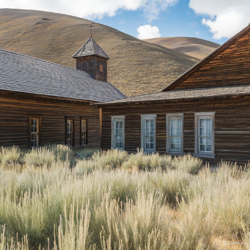 美国加利福尼亚州莫诺县博迪州立历史公园，一座历史悠久的鬼城，古老的木质建筑，杂草丛生，晴空万里