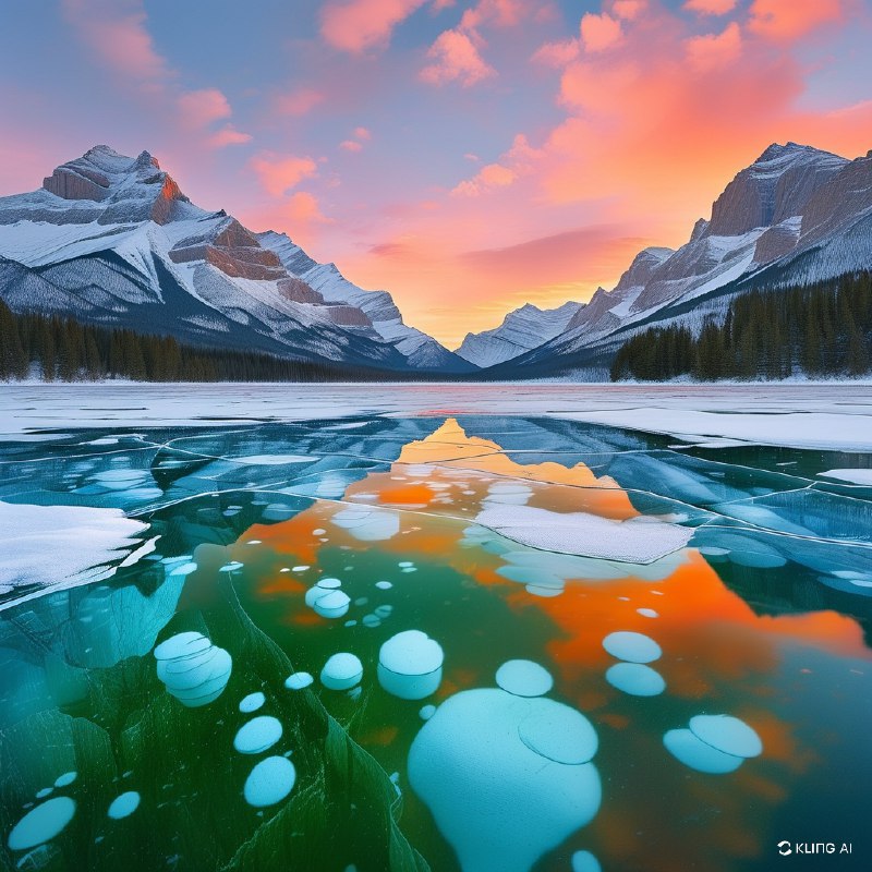 #Bing_Wallpaper“一幅令人叹为观止的冬季景观，展现了加拿大阿尔伯塔省亚伯拉罕湖的美景：一片广阔的松石色冰面上，悬浮着透明的白色甲烷气泡，这些气泡冻结成了错落有致的层次，层叠在冰面之下